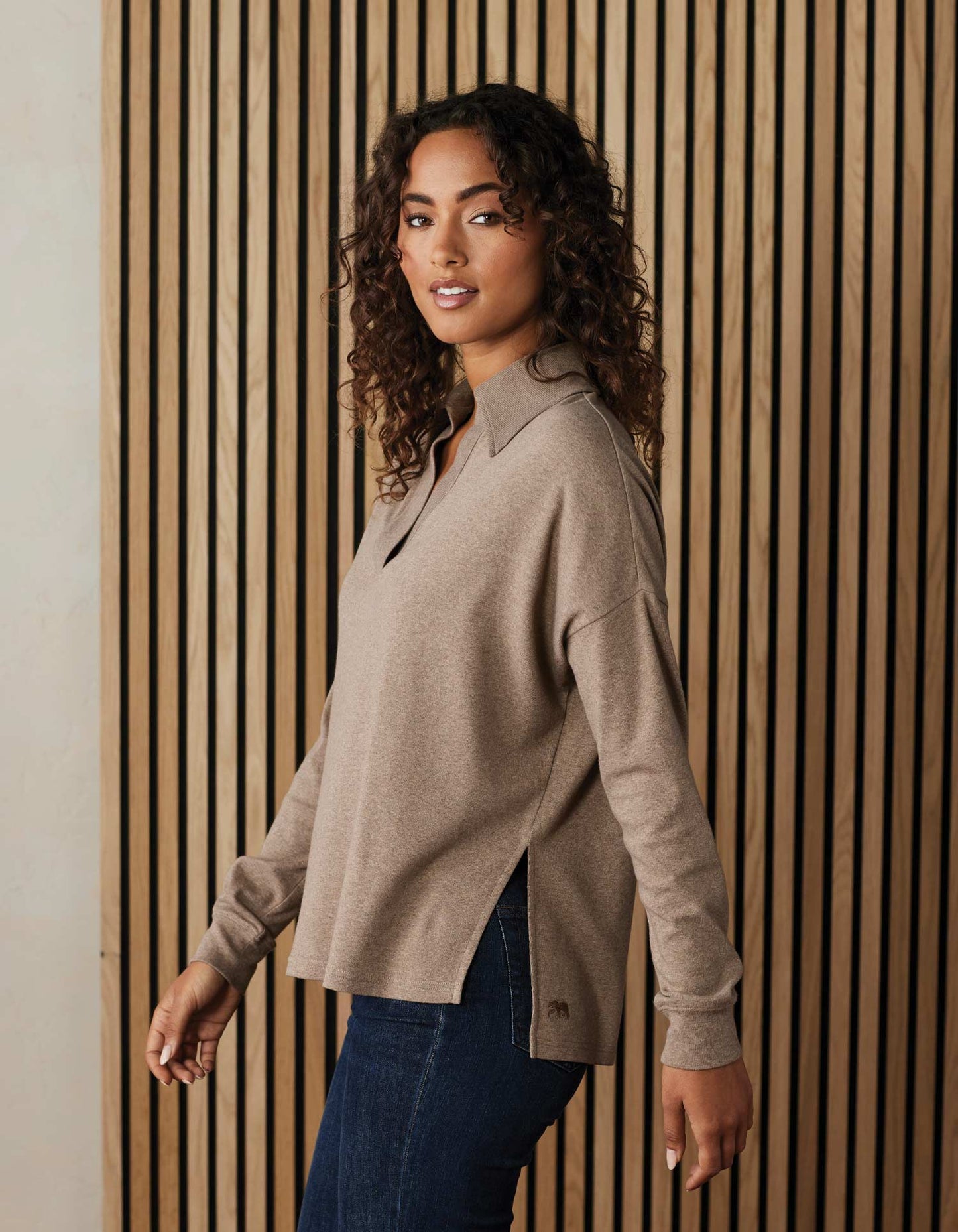 Puremeso Split Side Polo Top in Taupe