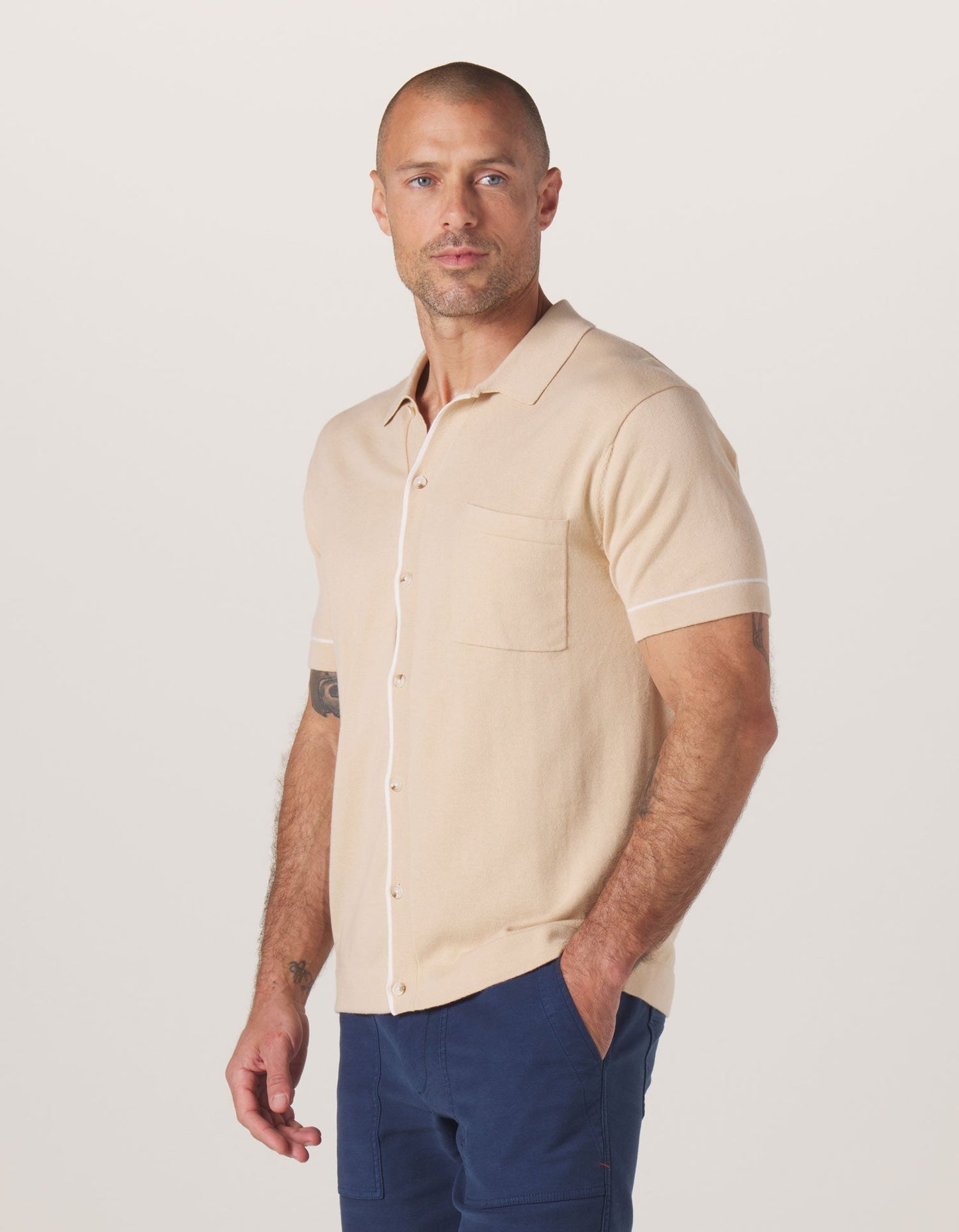 Robles Knit Button Down in Tan-White