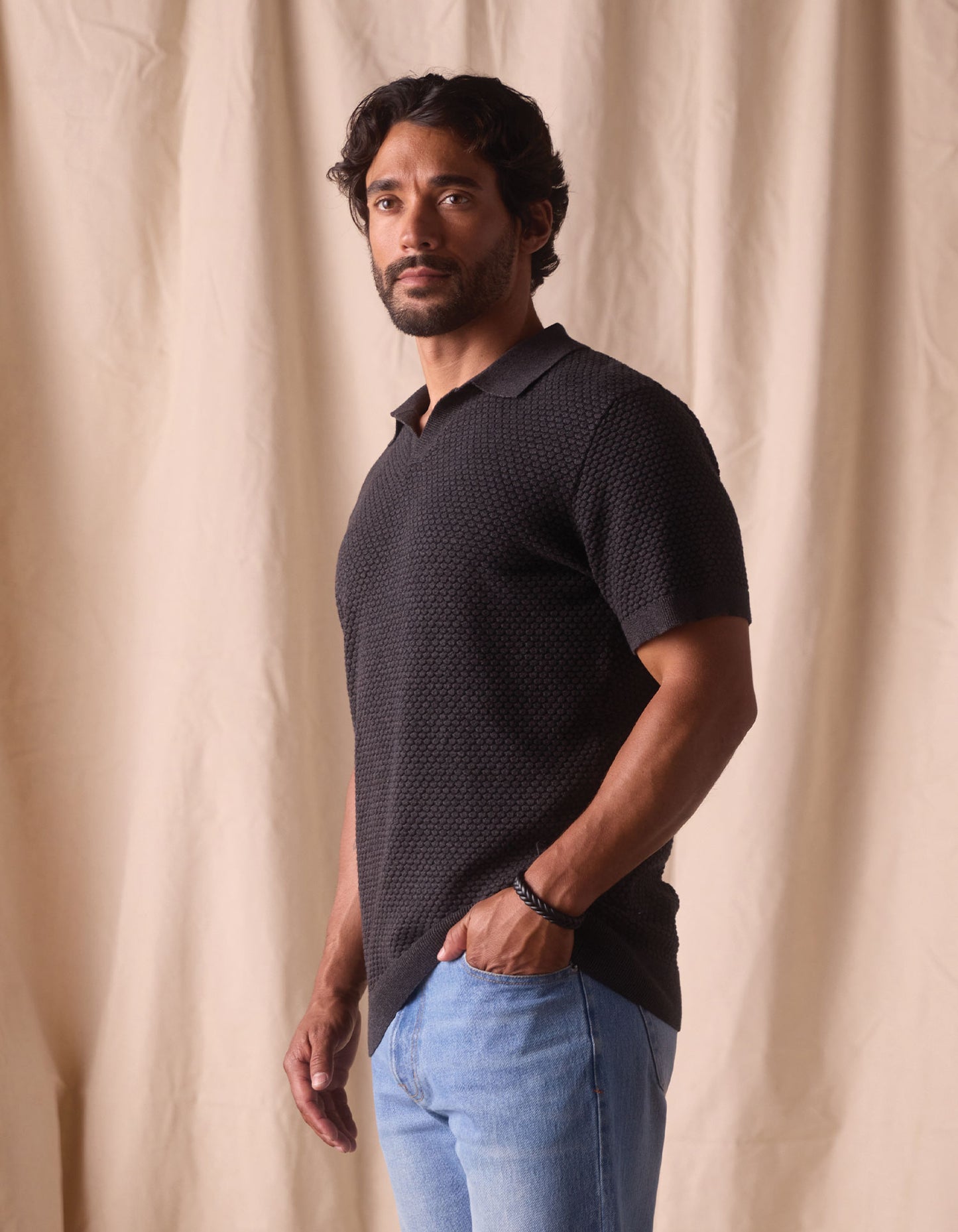 Robles Knit Jacquard Polo in Charcoal