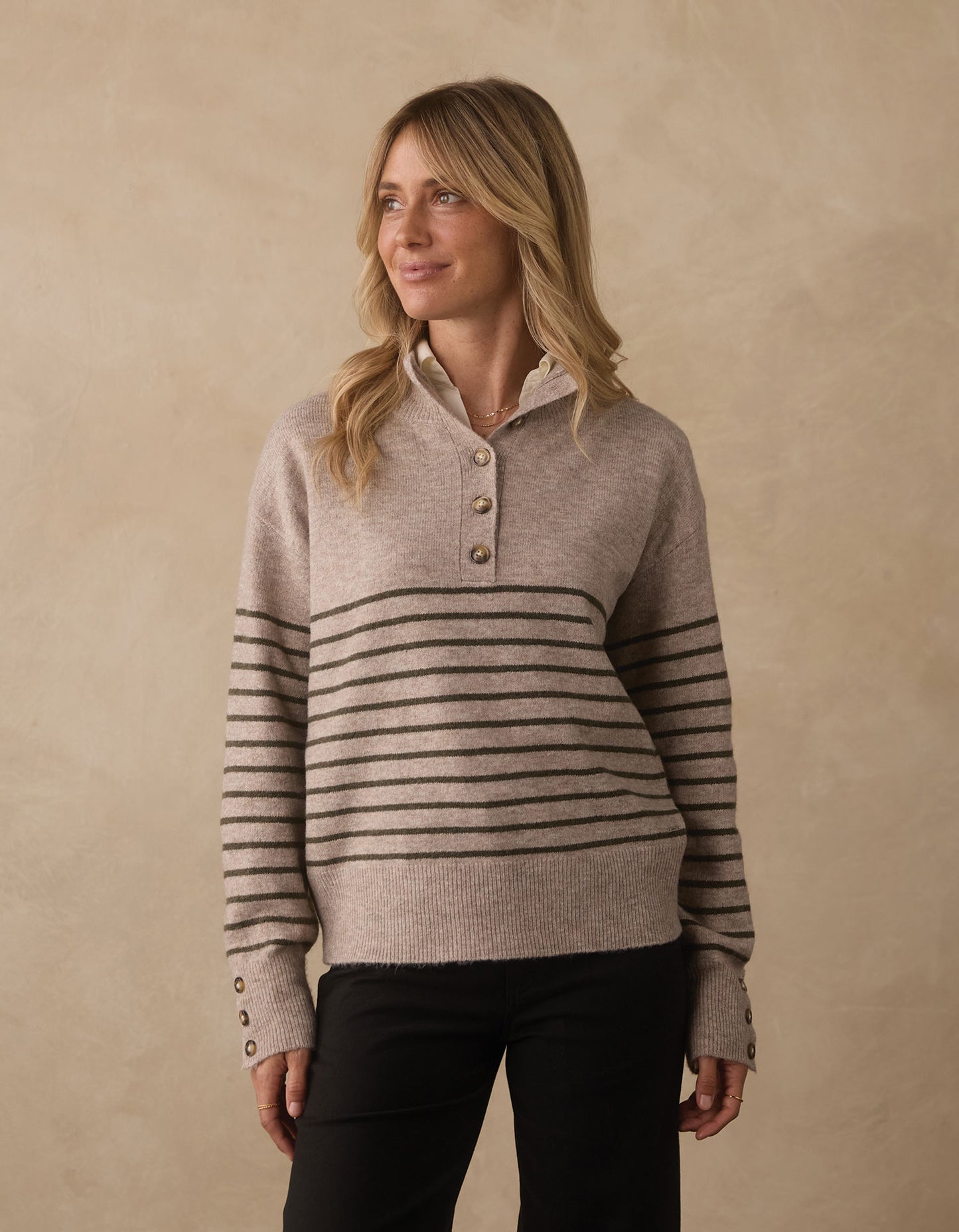 Marianna Button Popover Sweater in Oat/Olive Stripe