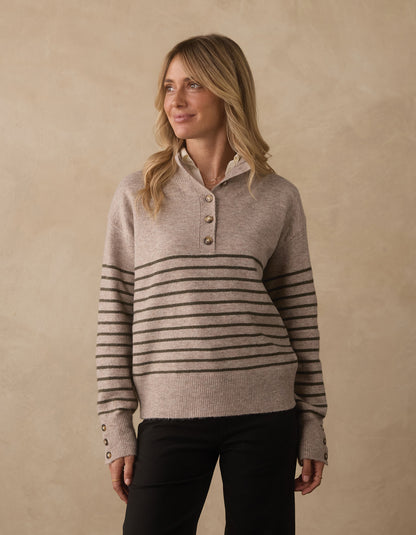Marianna Button Popover Sweater in Oat/Olive Stripe