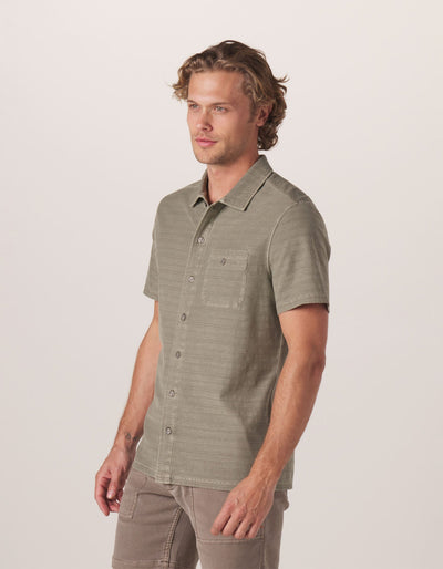 Sequoia Jacquard Button Down in Moss On Model from Side