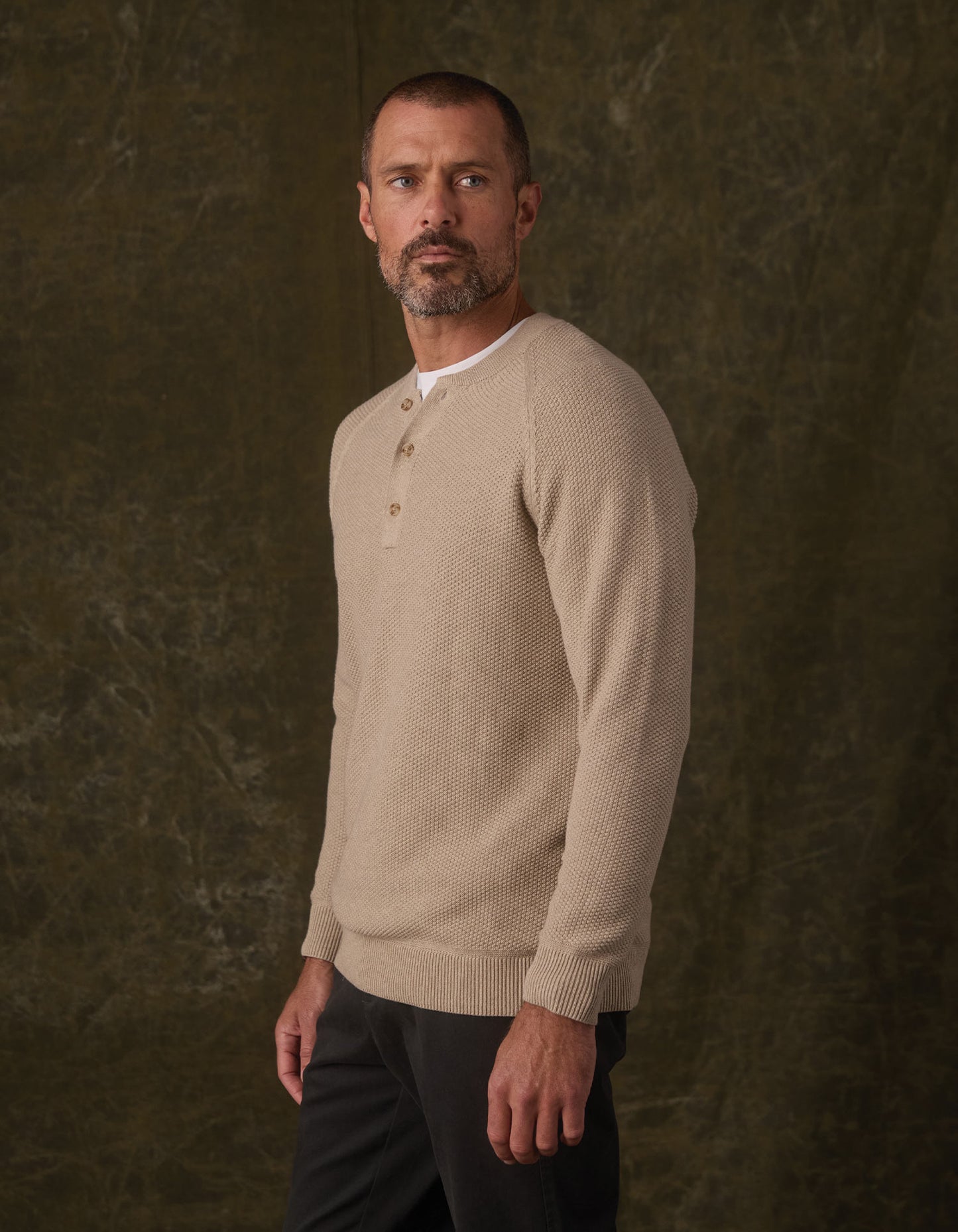 COOLMAX® Textured Sweater Henley in Flax