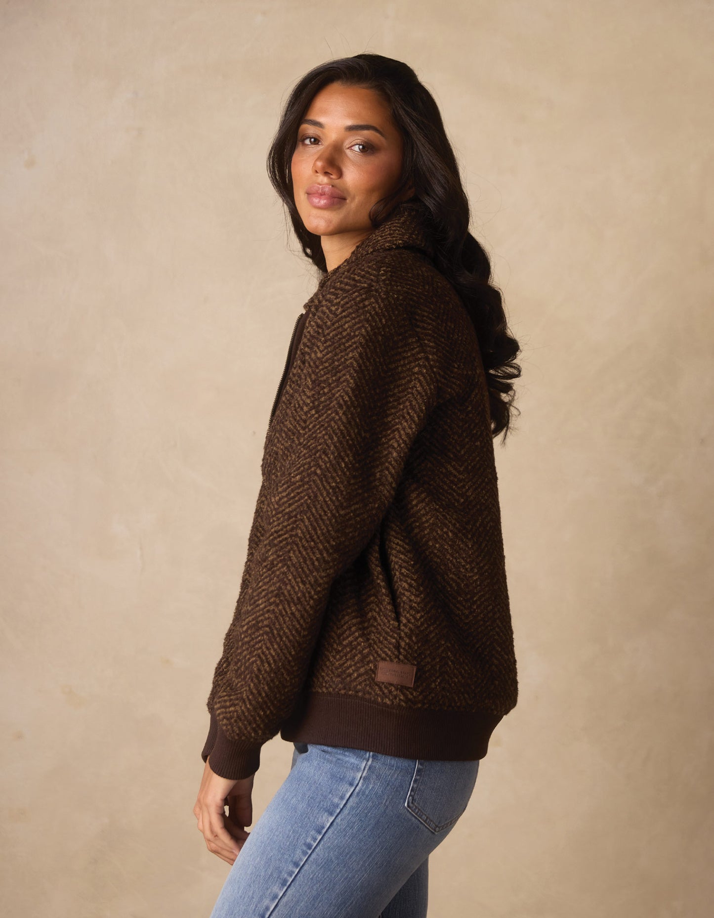 Heritage Full Zip Cardigan in Brown Herringbone