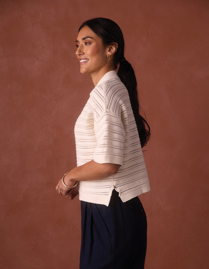 Emma Openwork Short Sleeve Polo in Cream