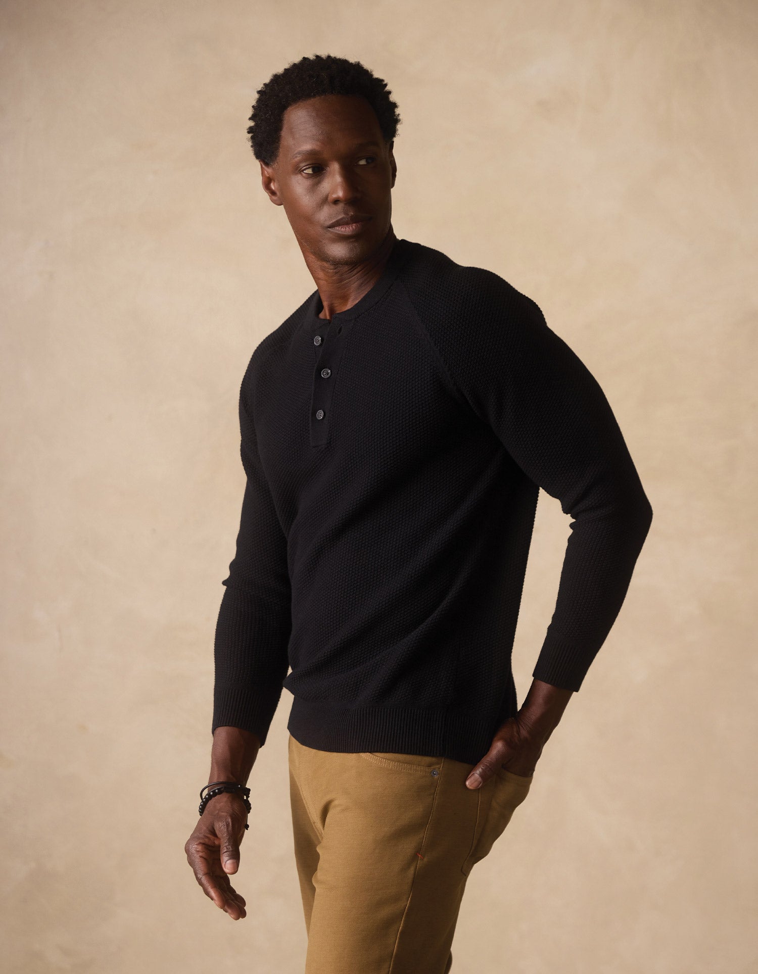 COOLMAX® Textured Sweater Henley in Black – The Normal Brand