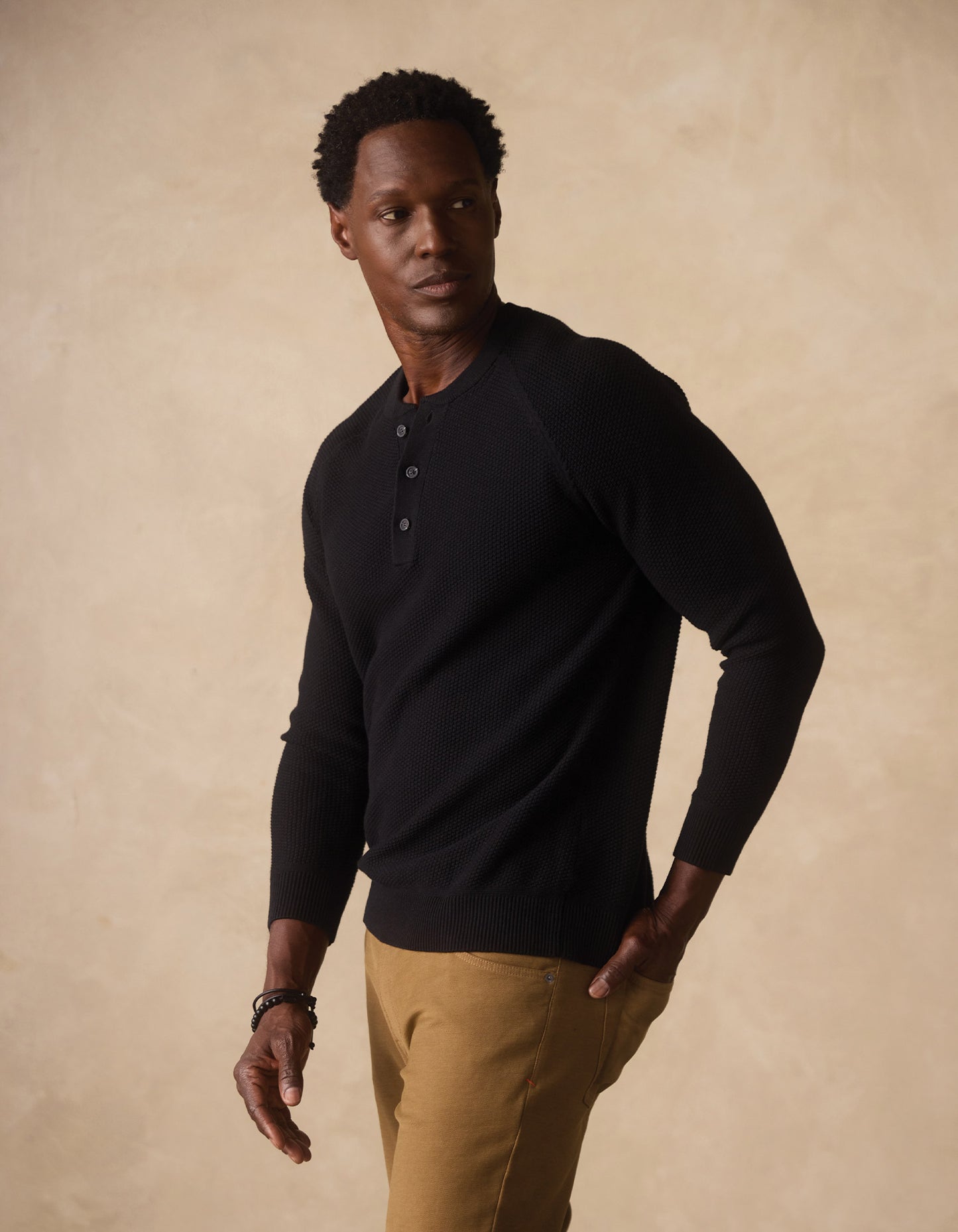 COOLMAX® Textured Sweater Henley in Black