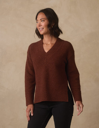 Homebound V-Neck Sweater in Spiced Brandy — front view on model