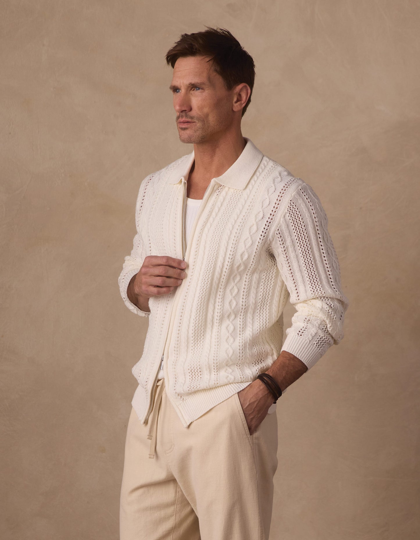 Jacquard Zip Front Cardigan in Ivory