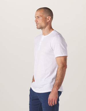 Legacy Jersey Henley in White On Model from Side