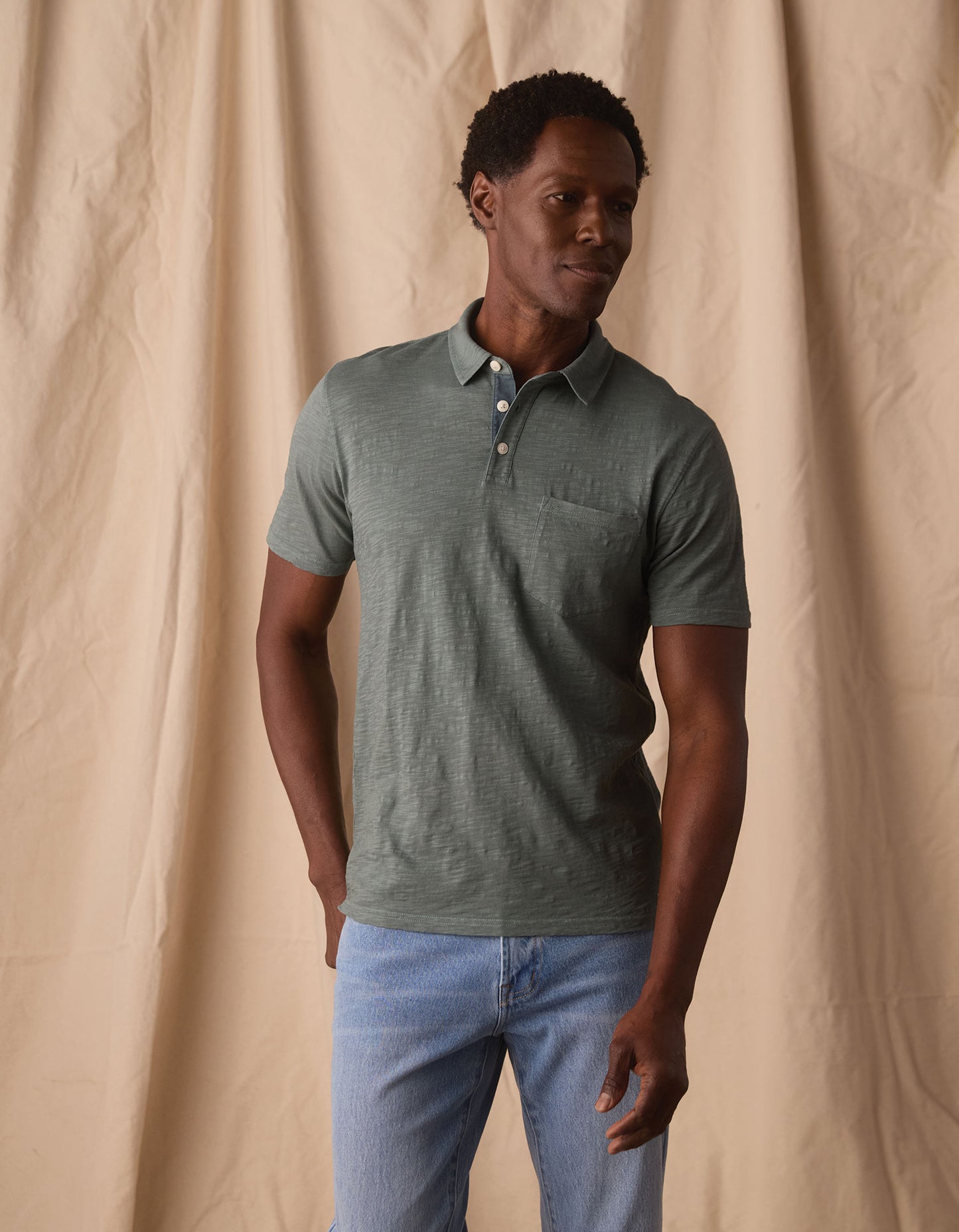Vintage Slub Pocket Polo in Mediterranean Green