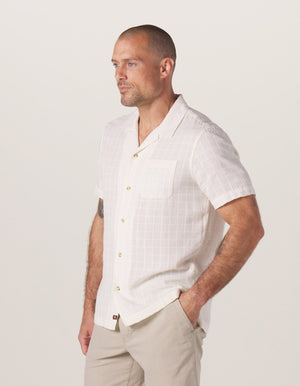 Freshwater Camp Shirt in Oasis Ivory On Model from Side