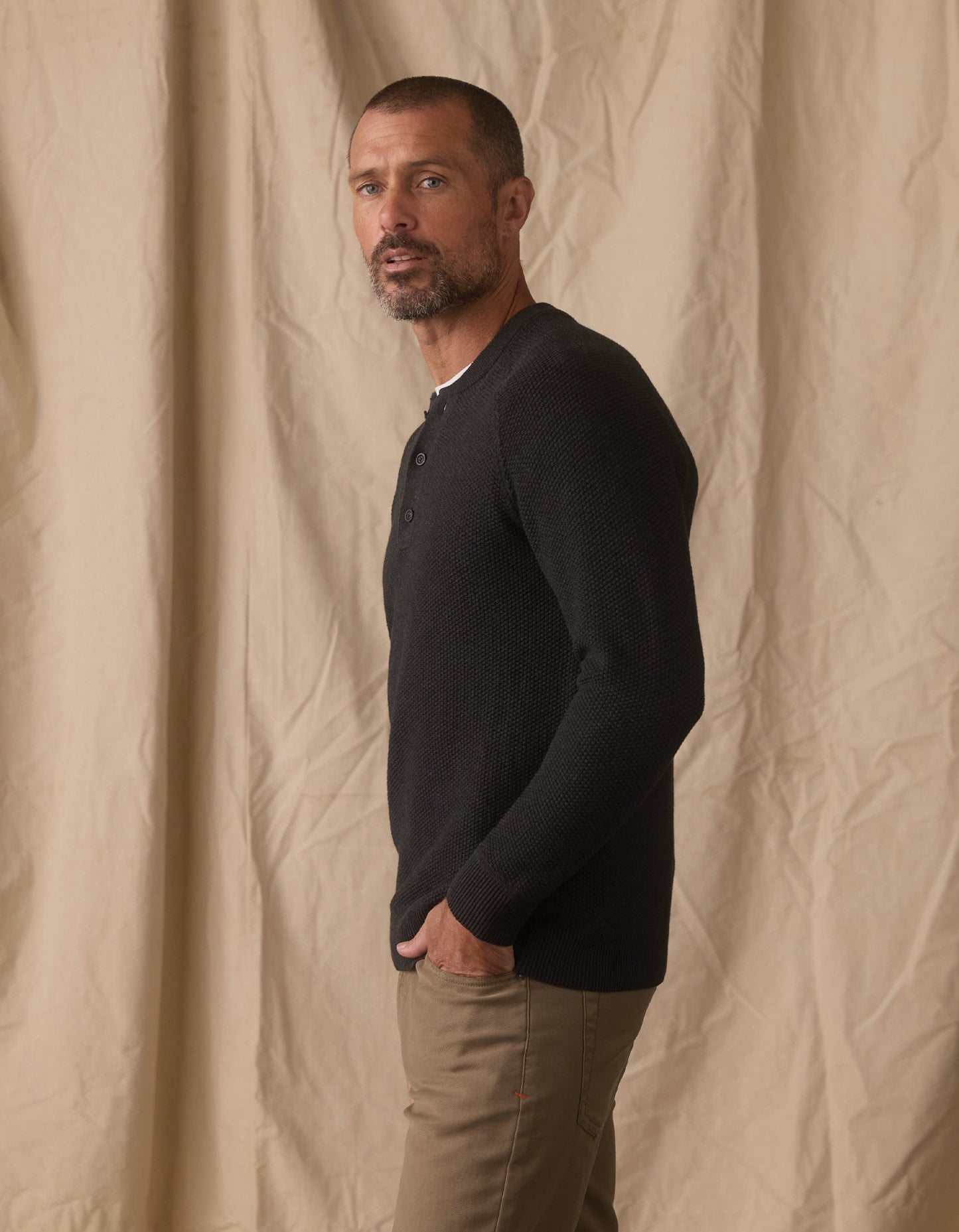 COOLMAX® Textured Sweater Henley in Charcoal