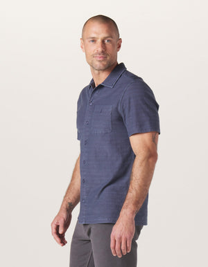 Sequoia Jacquard Button Down in Harbor Blue On Model from Side