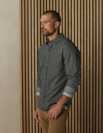 Cotton Denim Long Sleeve Button Up in Grey Wash