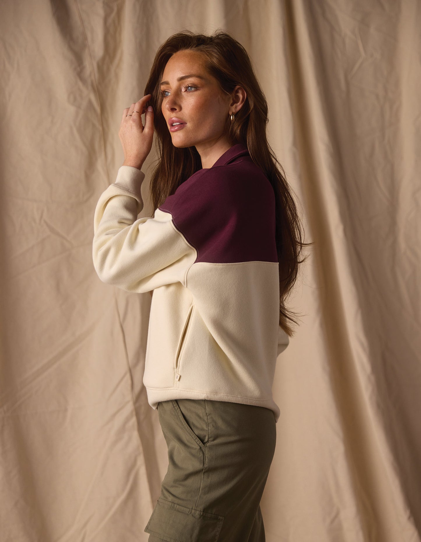 Normal Fleece Retro Quarterzip in Ivory/Port Wine