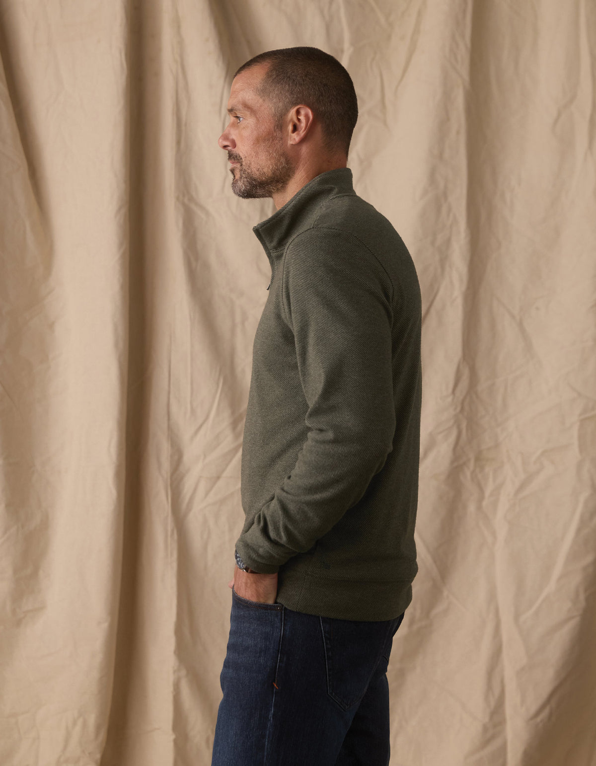 Brushed Textured Knit Quarterzip in Dark Forest