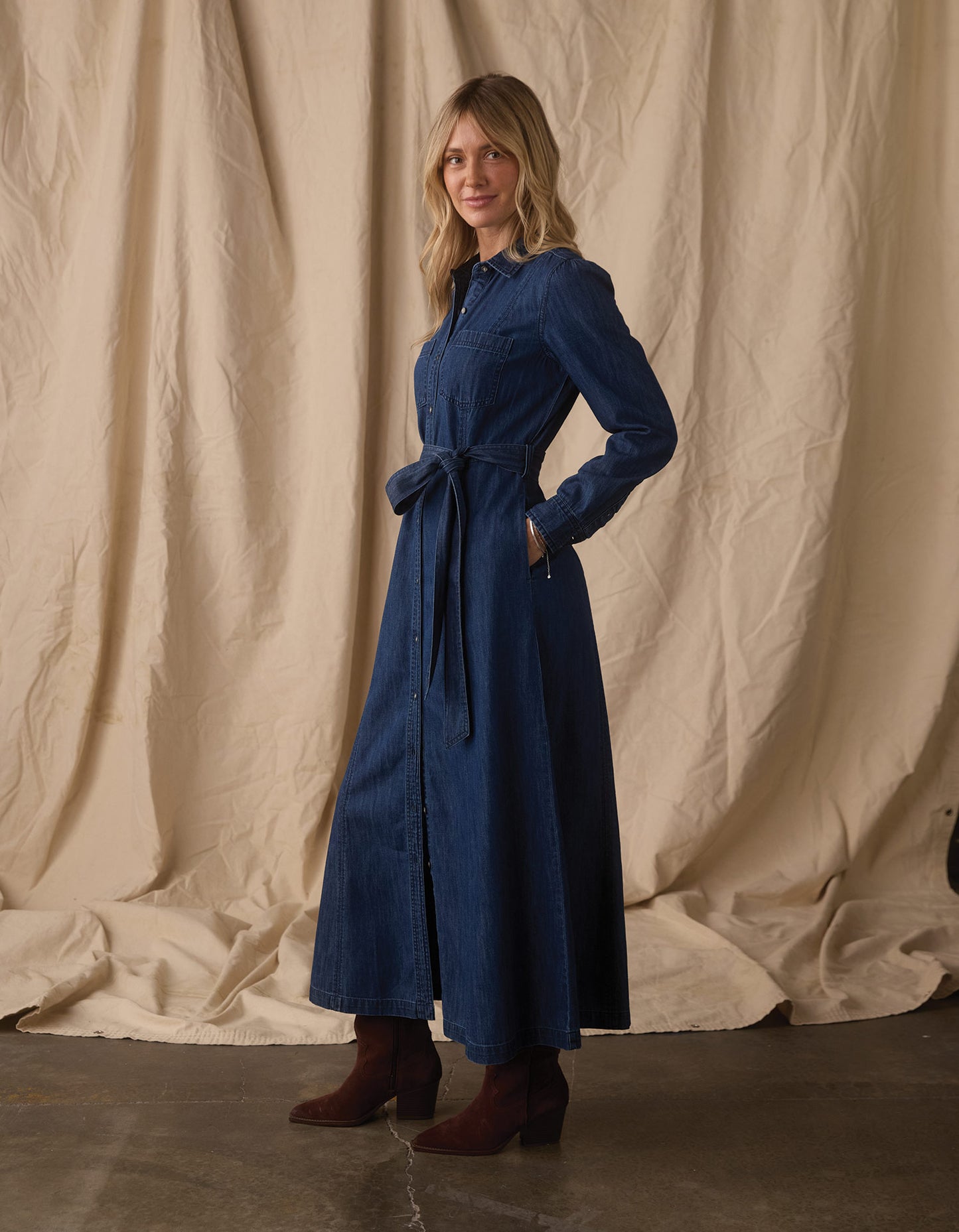 Cotton Denim Shirt Dress in Dark Wash