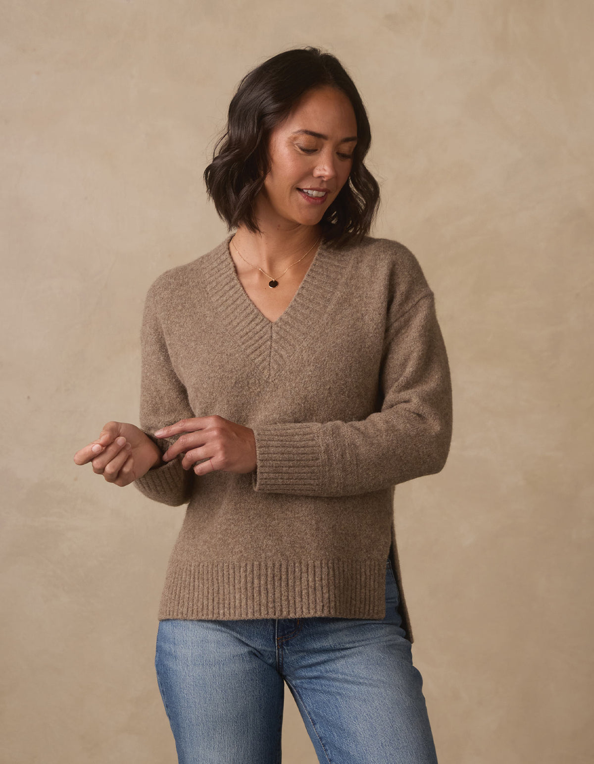 Homebound V-Neck Sweater in Toasted Chestnut — front view on model