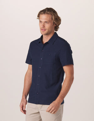 Sequoia Jacquard Button Down in Navy On Model from Side