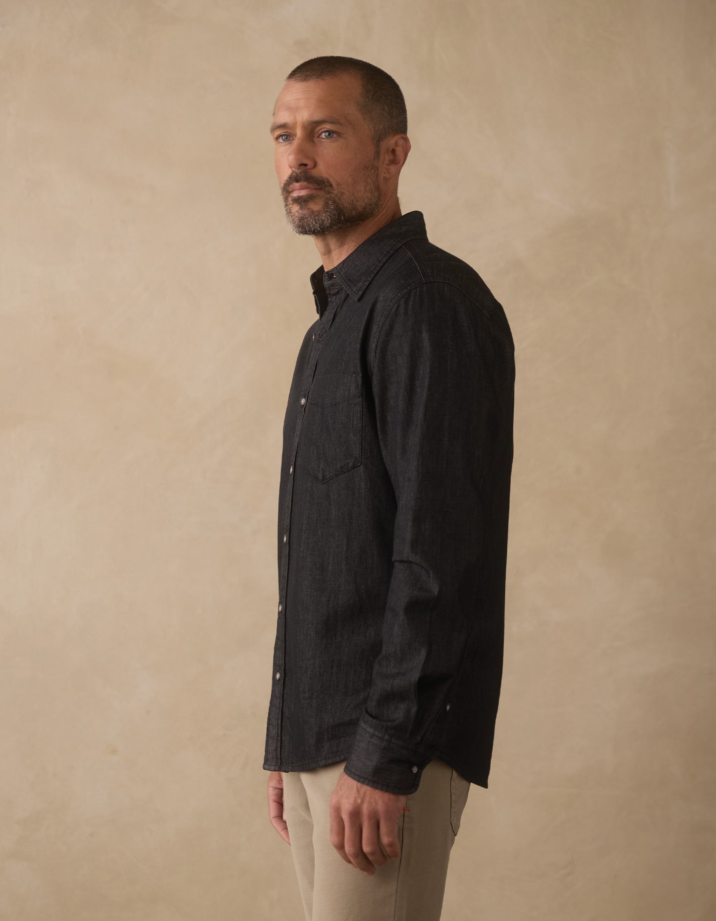 Cotton Denim Long Sleeve Button Up in Washed Black