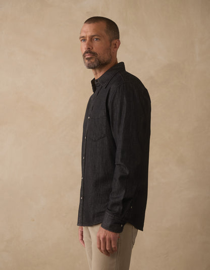 Cotton Denim Long Sleeve Button Up in Washed Black