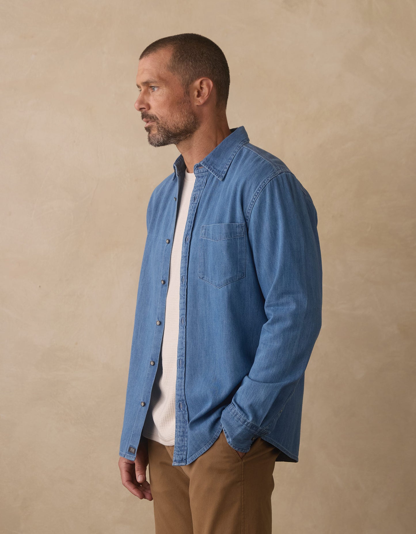 Cotton Denim Long Sleeve Button Up in Medium Wash