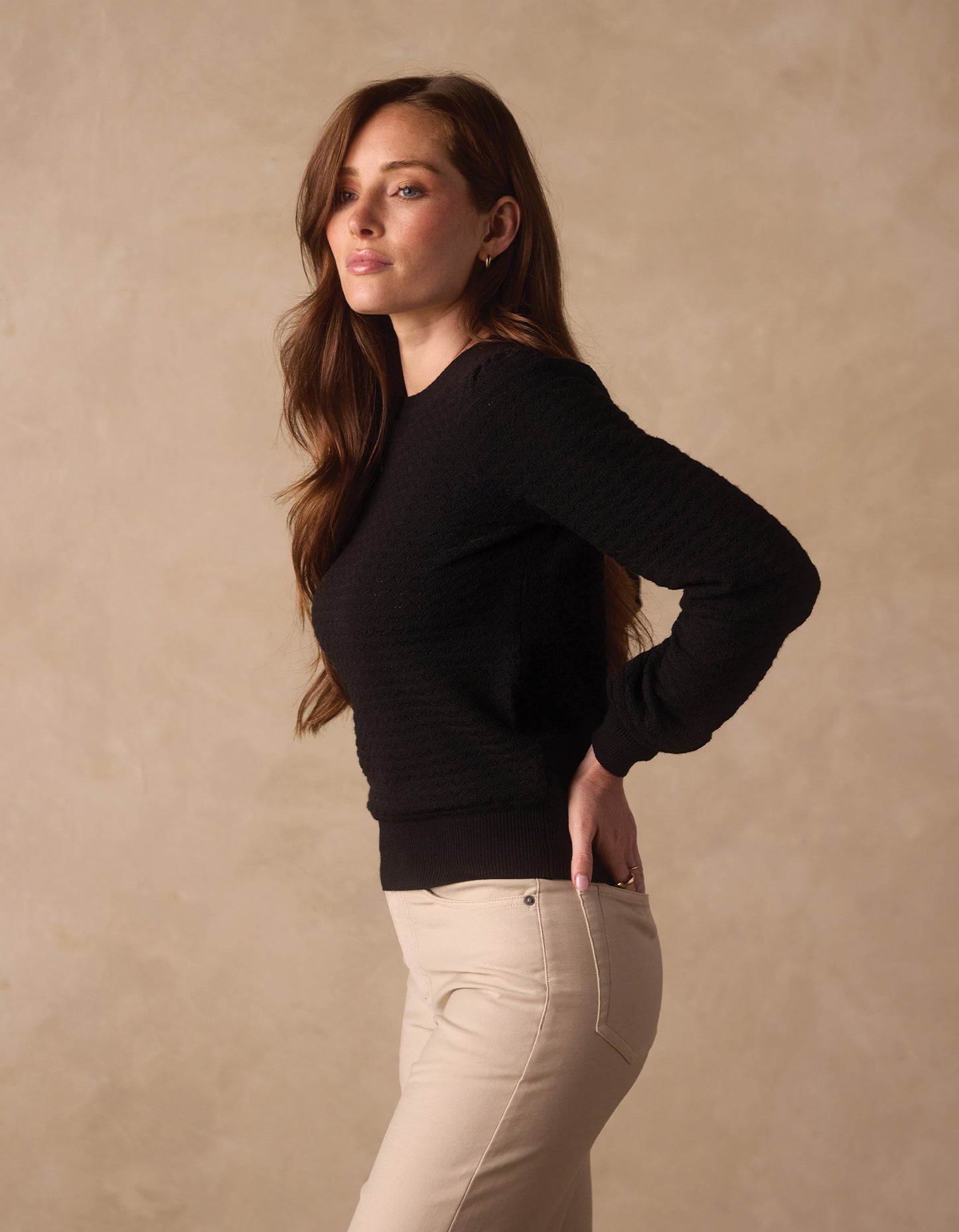 Olivia Pointelle Crew Sweater in Black