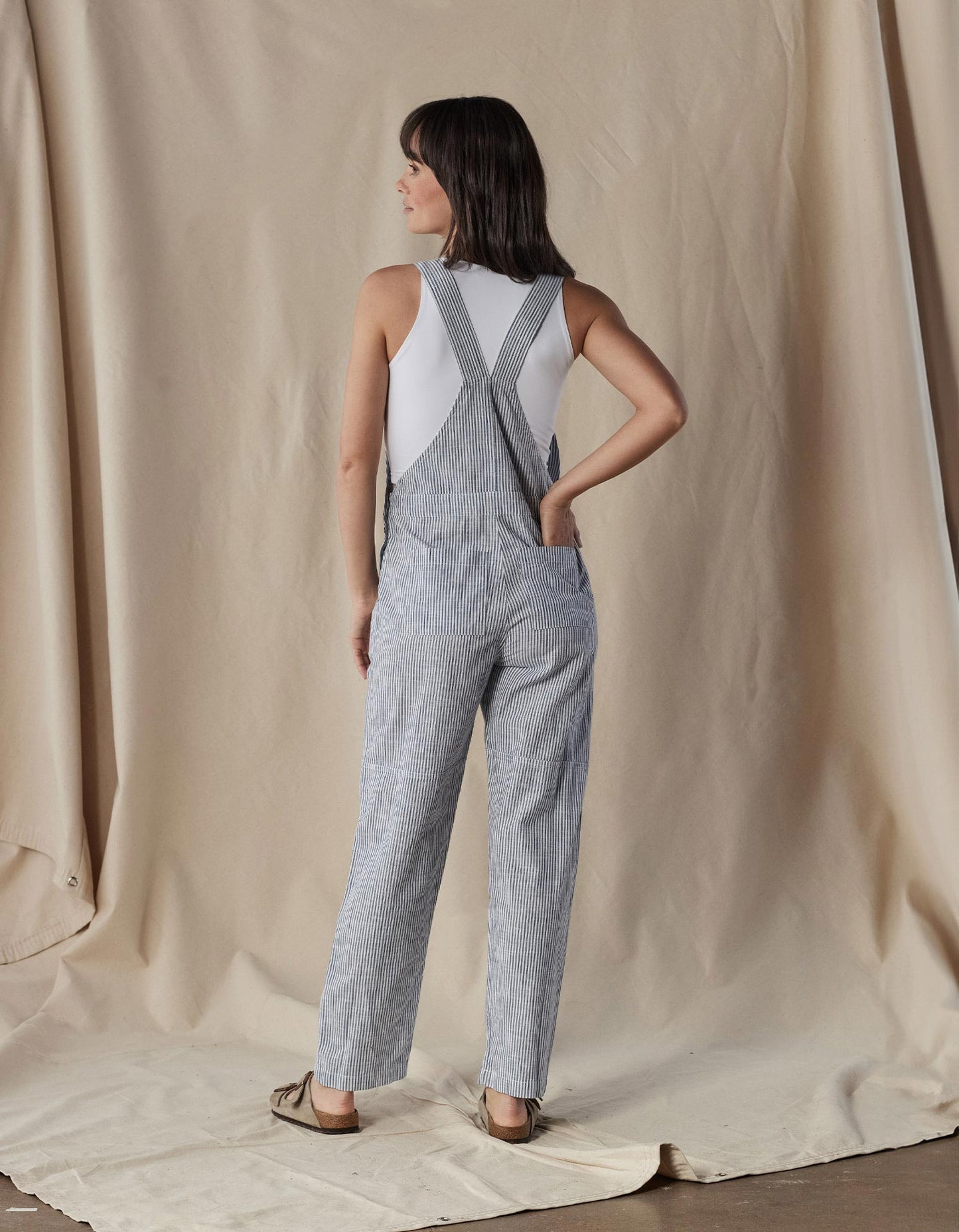 Lived-In Cotton Canteen Overall in Navy Railroad Stripe