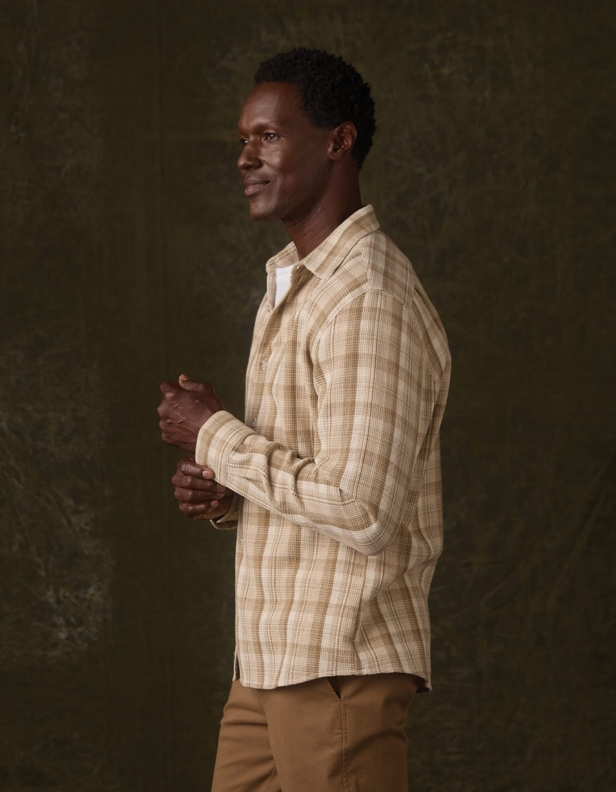 Woven Waffle Button Up in Khaki Plaid