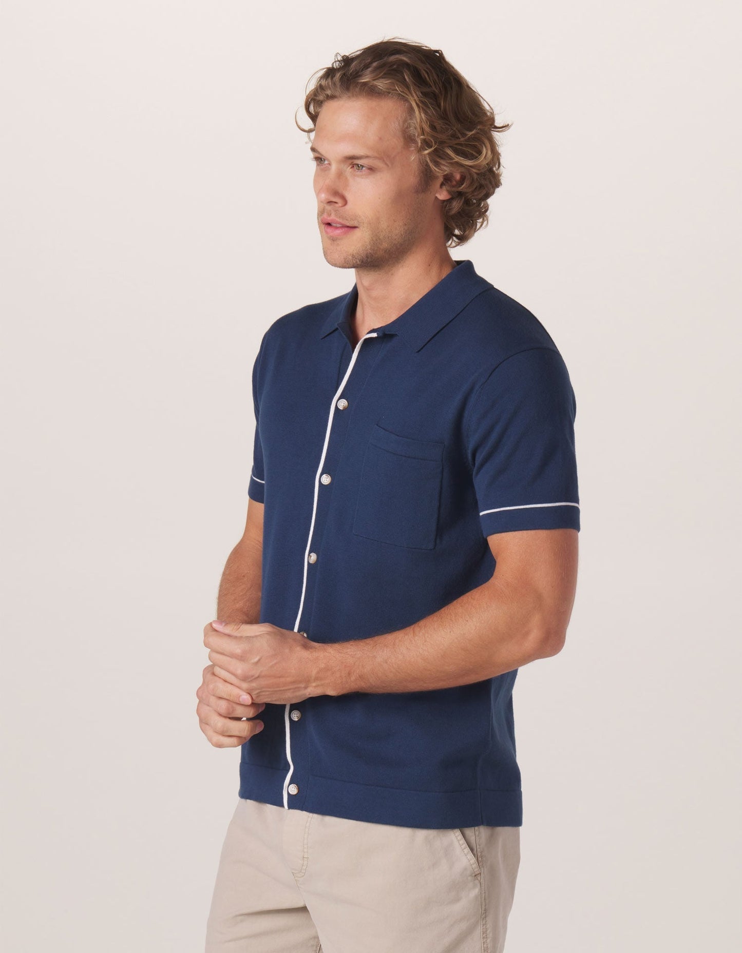 Robles Knit Button Down in Navy-White