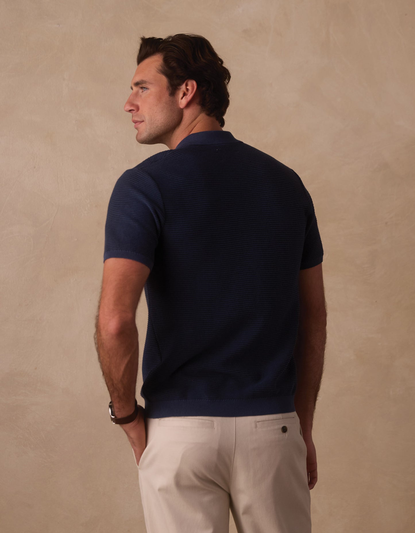 Robles Birdseye Knit Camp Button Up in Denim/Dark Navy