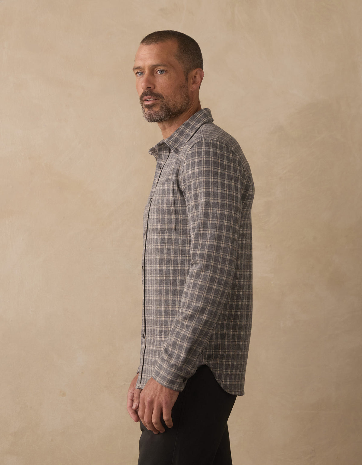 Stratus Knit Button Up in Grey Plaid