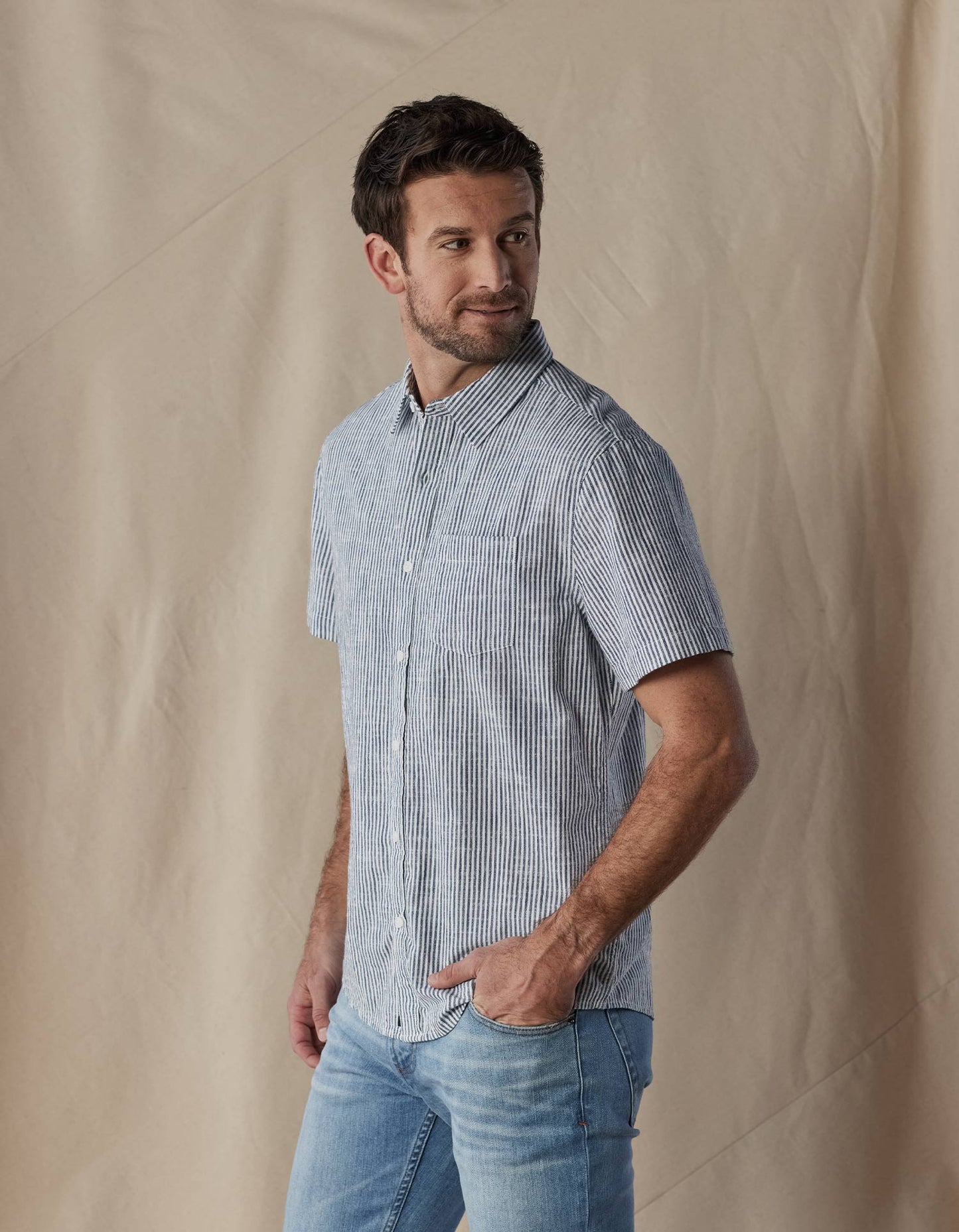 Lived-In Cotton Short Sleeve Button Up in Navy Railroad Stripe