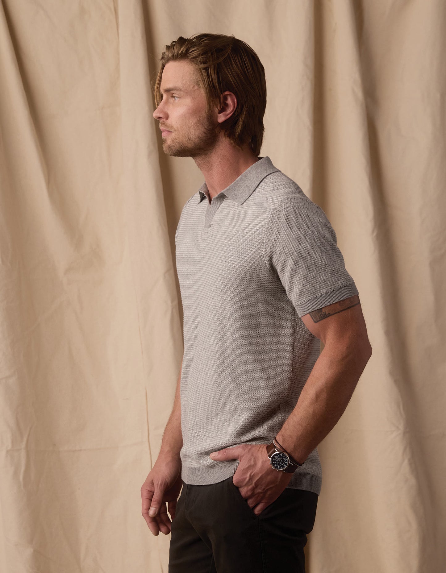 Robles Birdseye Knit Polo in Light Grey