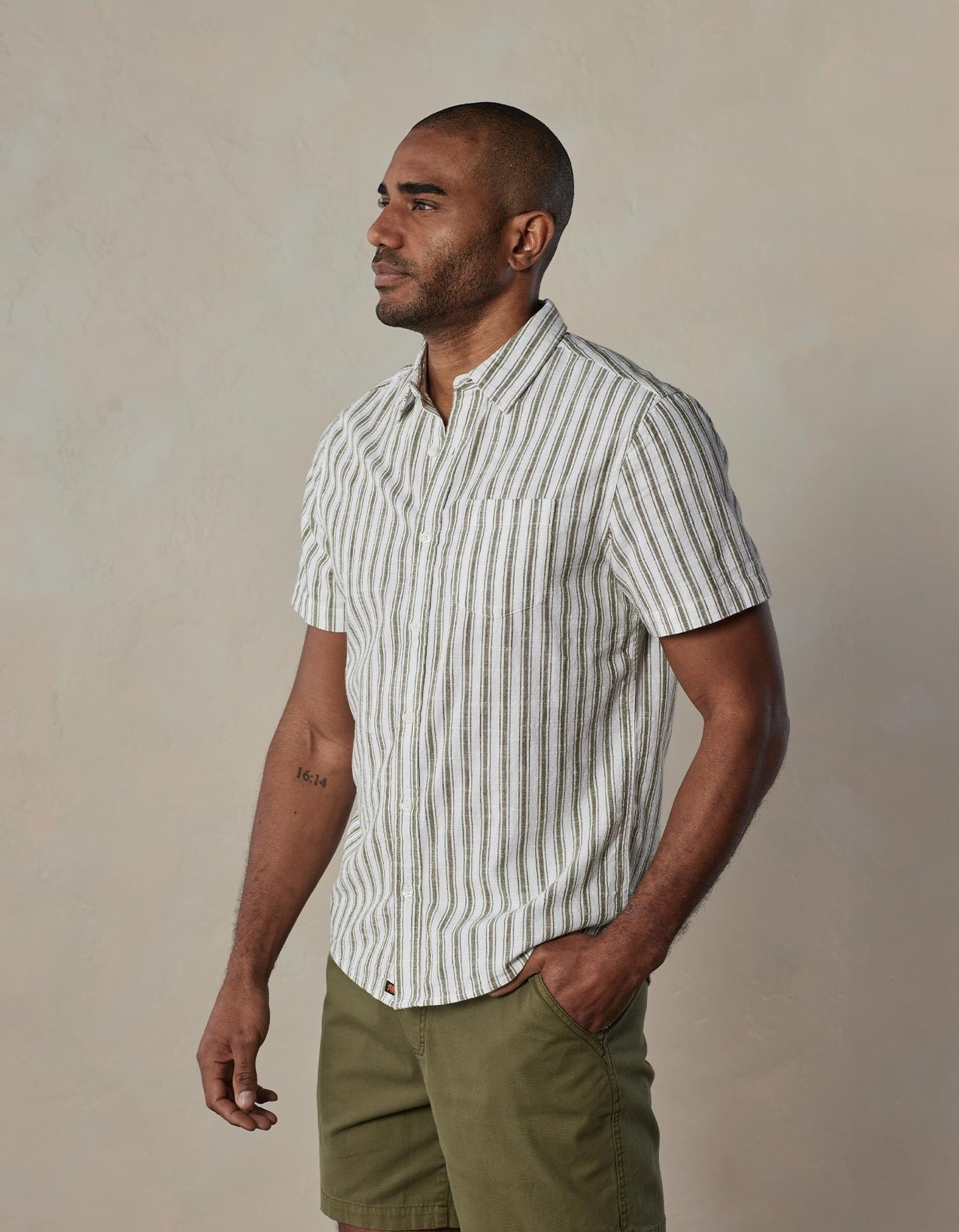 Lived-In Cotton Short Sleeve Button Up in Pine Needle Stripe