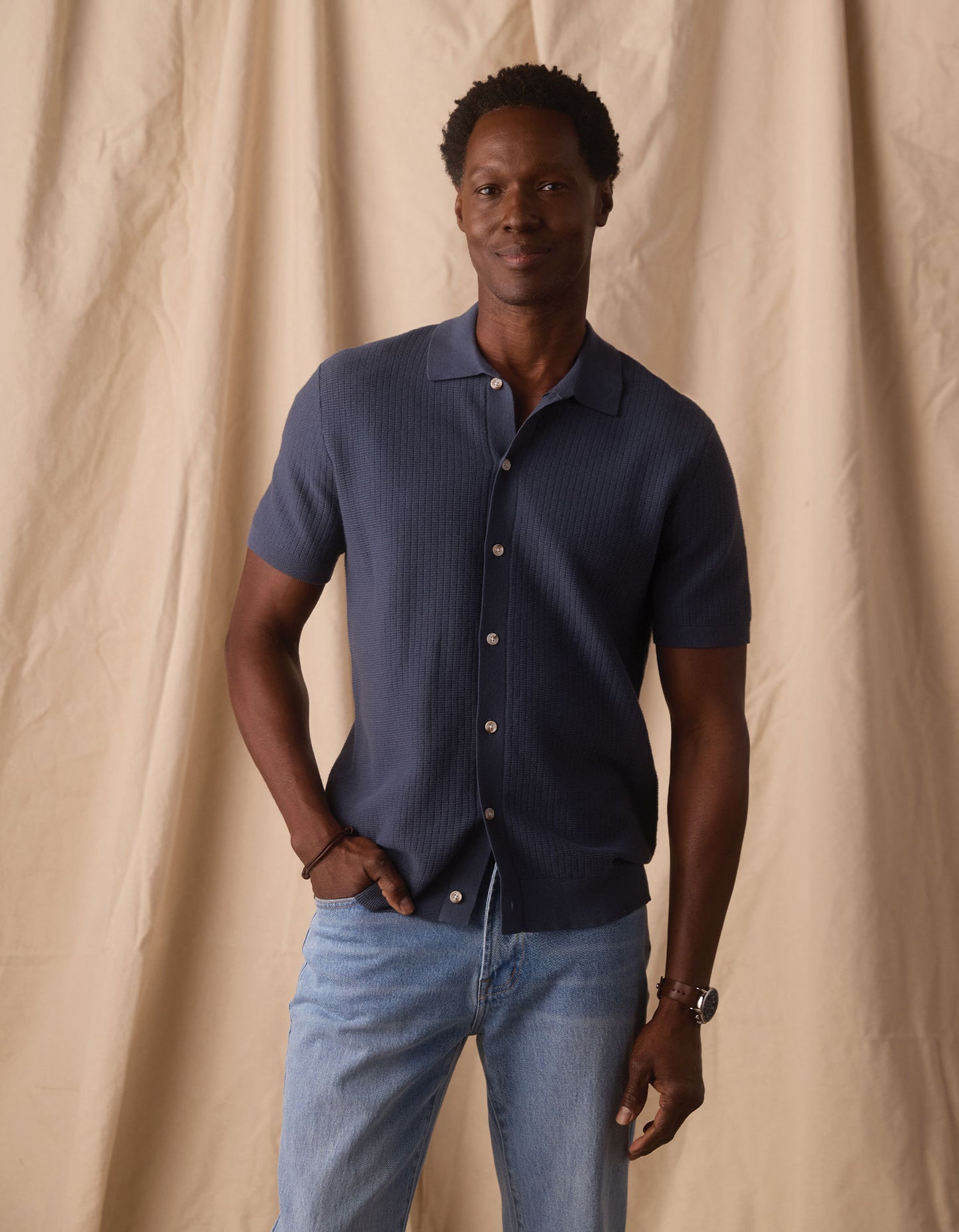 Breezeknit Button Up in Vintage Blue