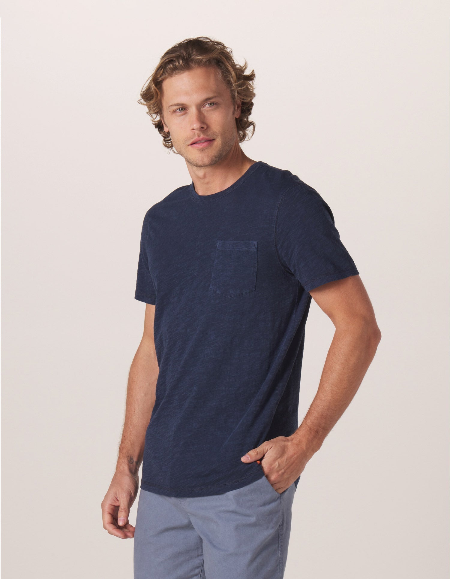 Vintage Slub Pocket Tee in Navy On Model from Side