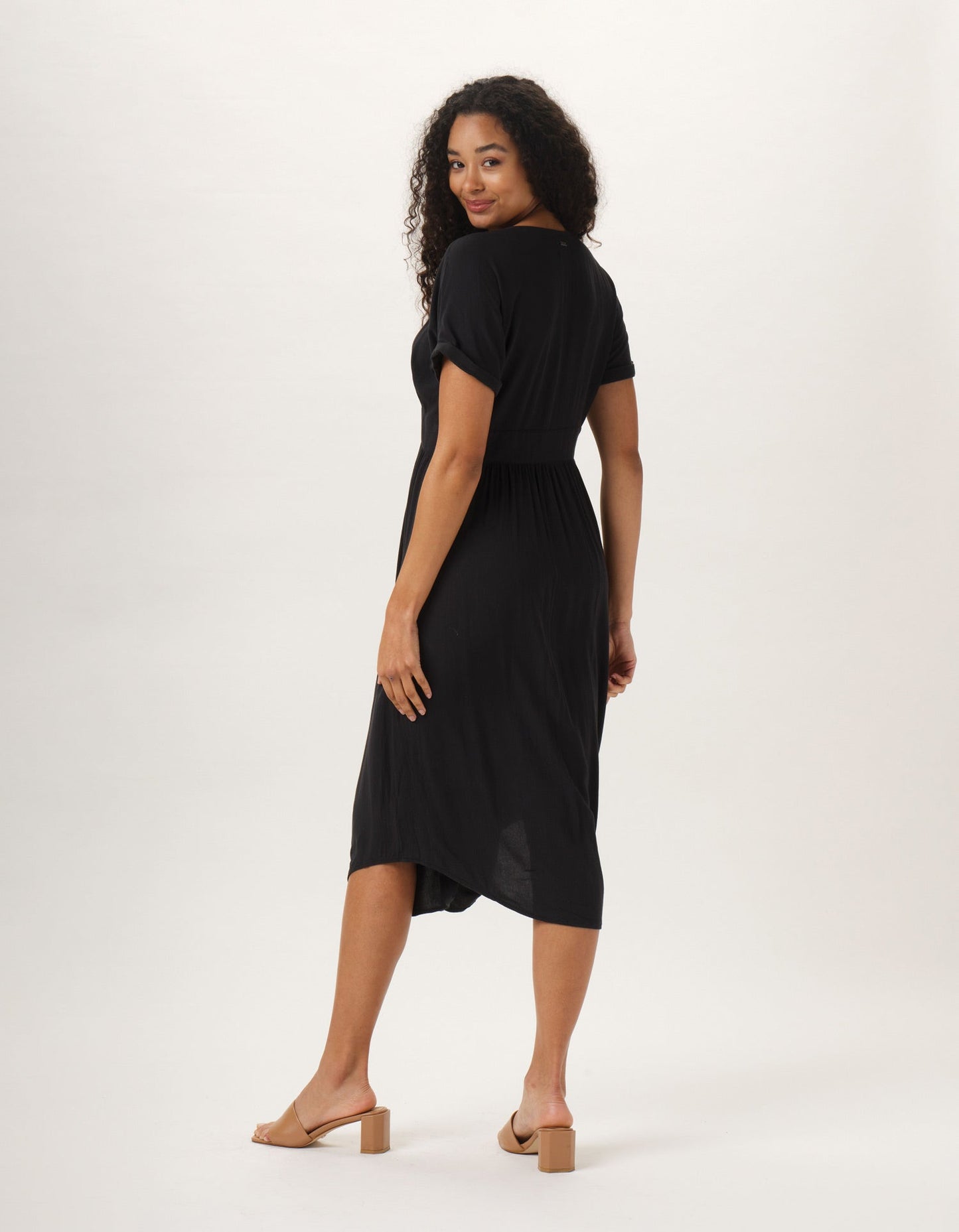 Deep V Button Thru Dress in Black