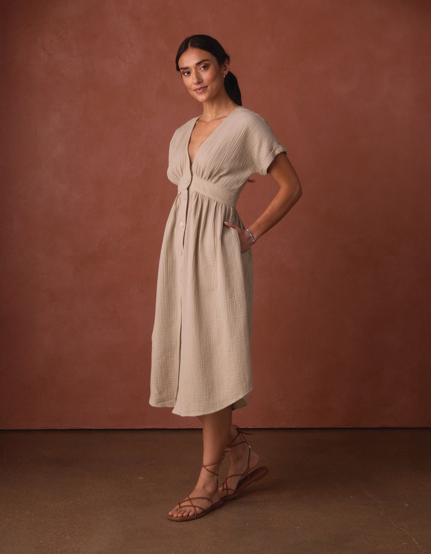 Kalo Gauze Deep V Button Thru Dress in Pumice