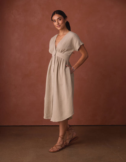 Kalo Gauze Deep V Button Thru Dress in Pumice