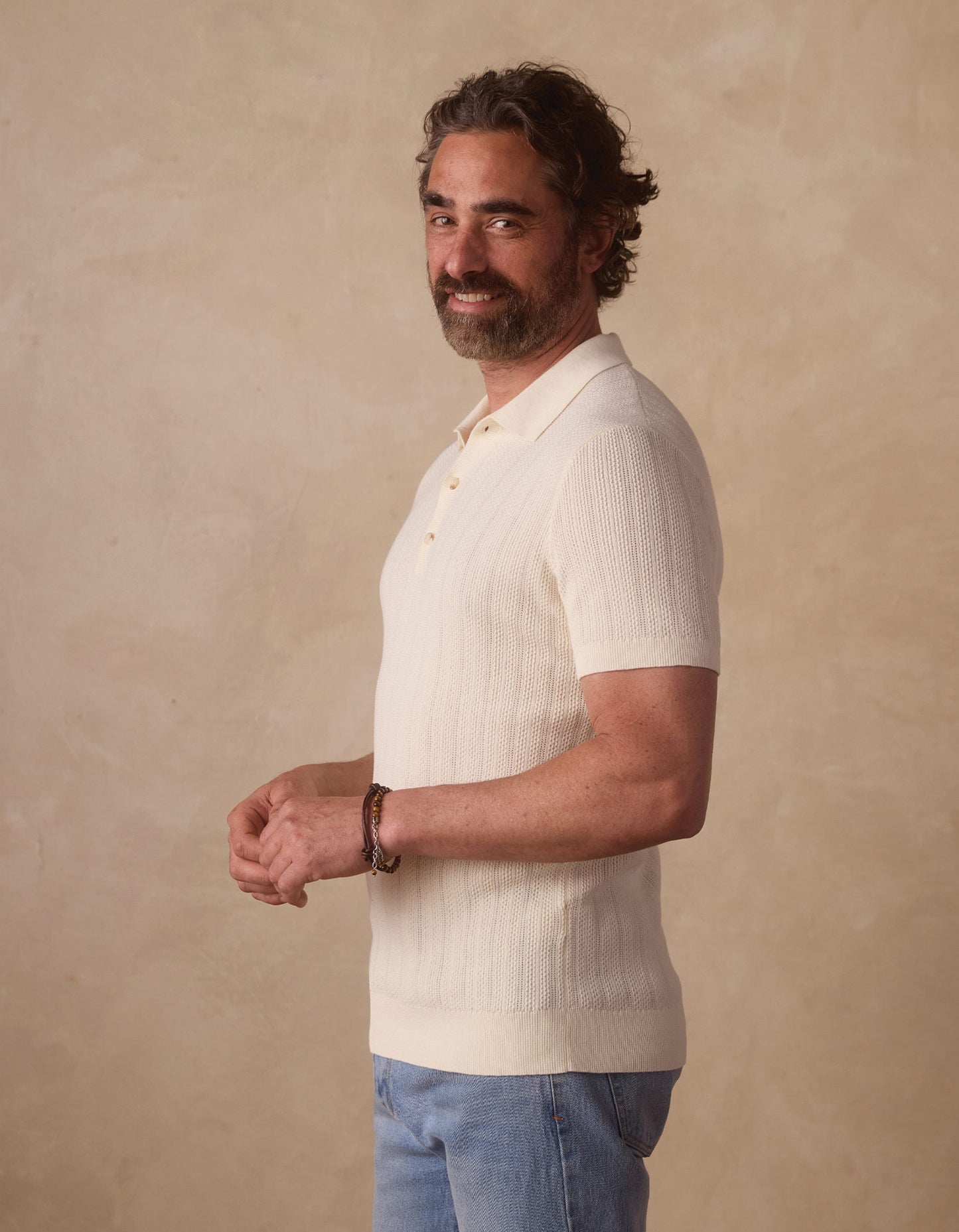 Robles Textured Knit Polo in Ivory