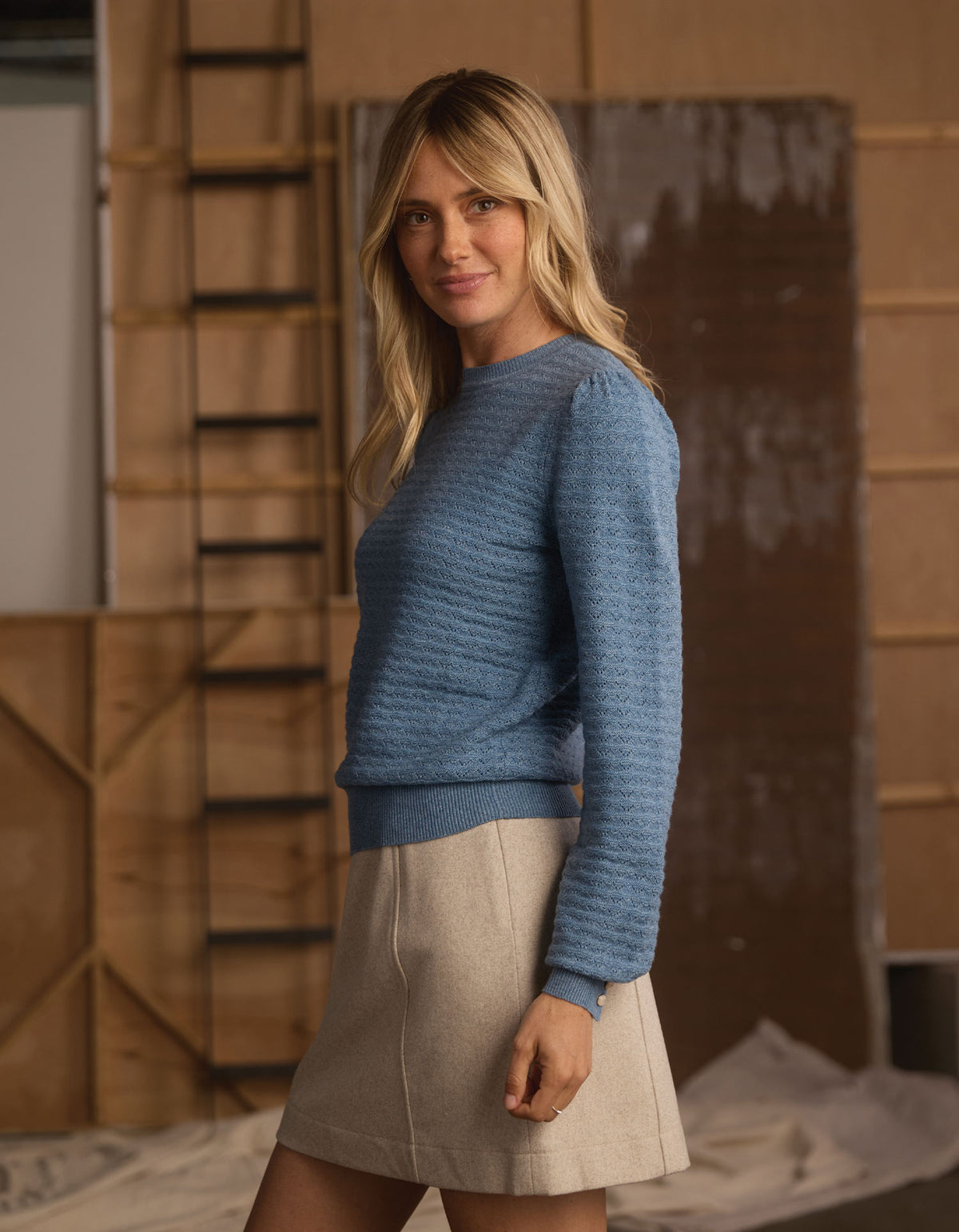 Olivia Pointelle Crew Sweater in Mineral Blue