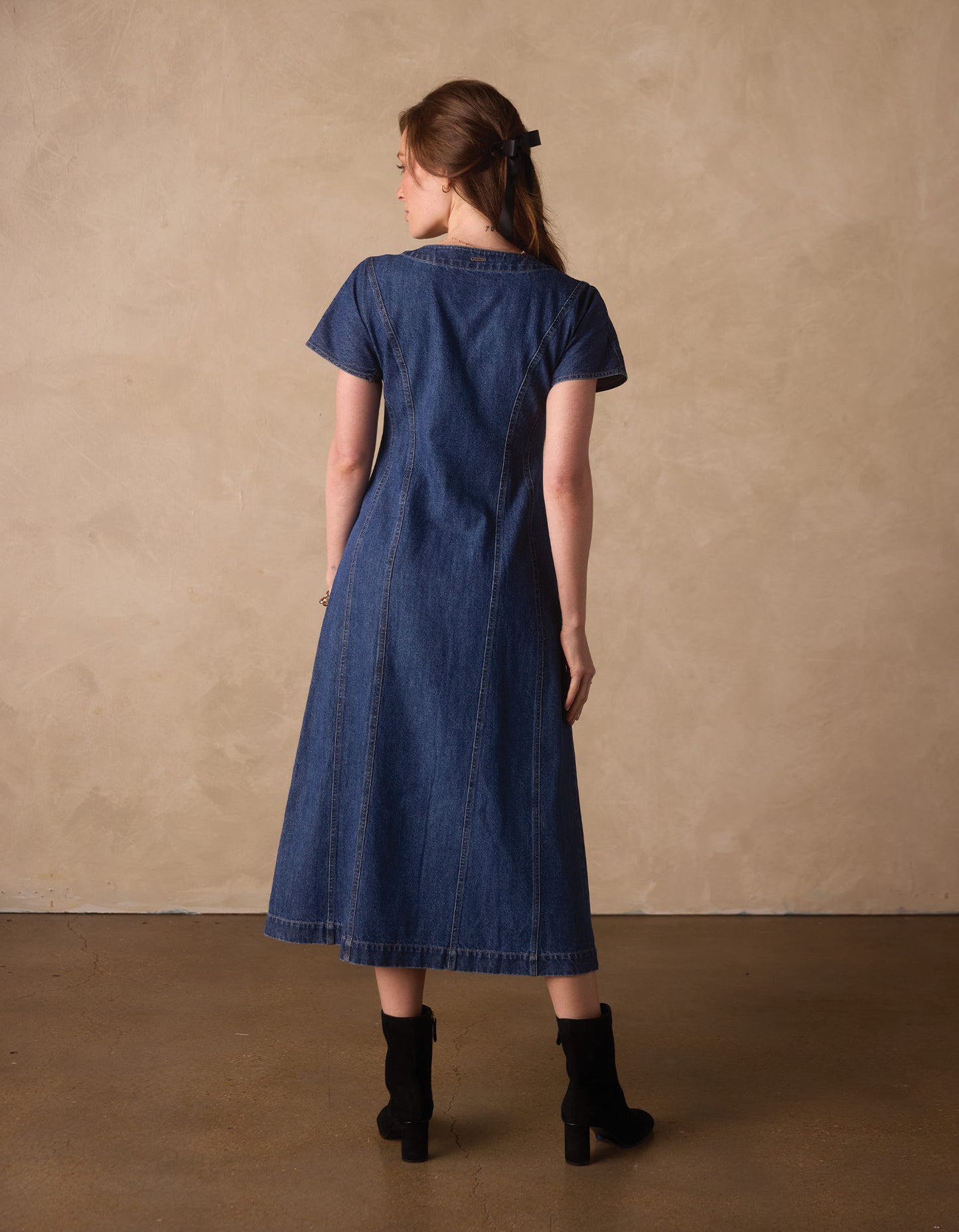 Denim Seamed Midi Dress in Medium Wash