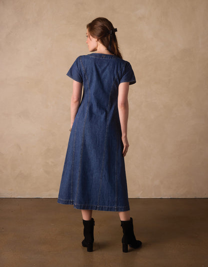 Denim Seamed Midi Dress in Medium Wash