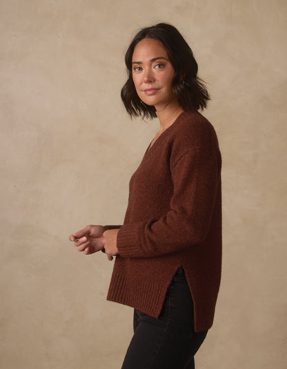 Homebound V-Neck Sweater in Spiced Brandy — side view on model