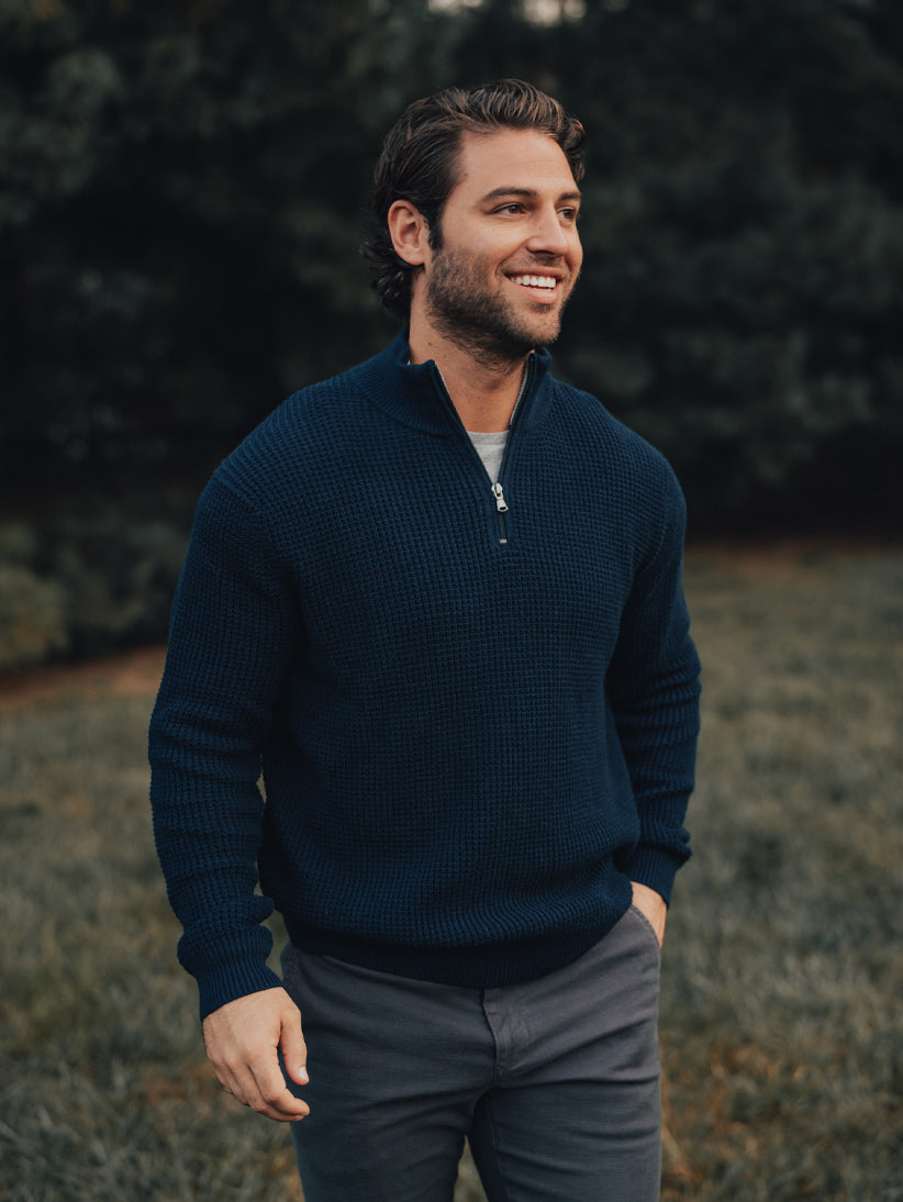 Waffle Knit Quarter Zip Pullover in Navy