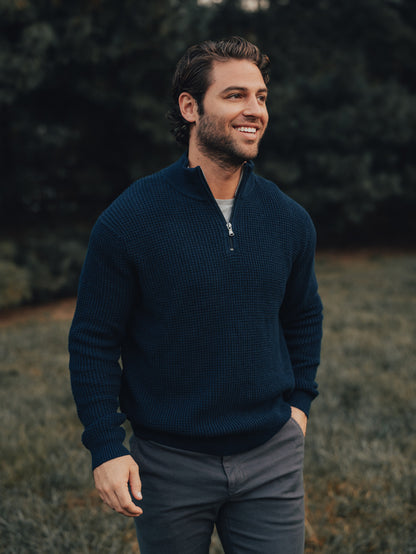 Waffle Knit Quarter Zip Pullover in Navy