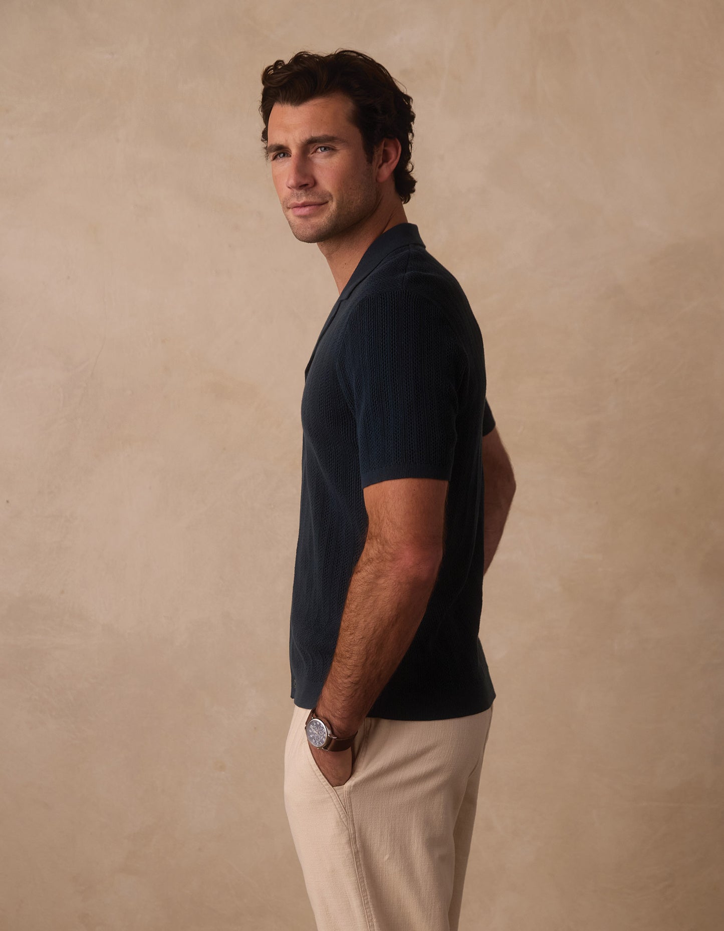 Robles Textured Knit Camp Button Up in Dark Oasis