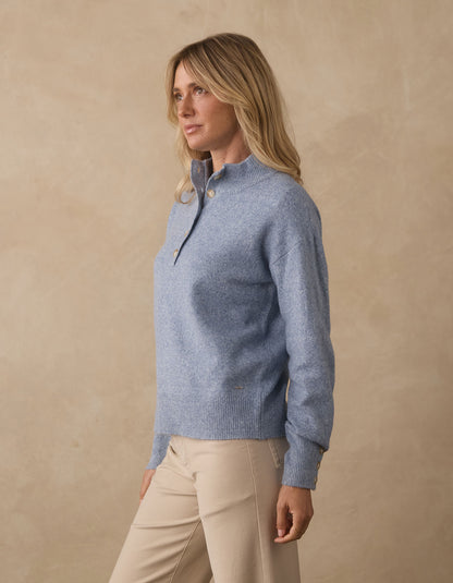 Marianna Button Popover Sweater in Vintage Blue
